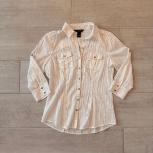 White House Black Market Blouse Long Sleeve Striped Button Down 4 Tunic Pockets